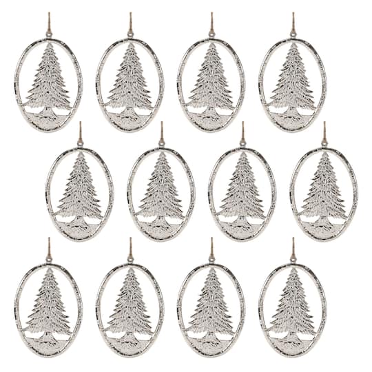 6.25" Etched Metal Pine Tree Ornaments, 12ct.